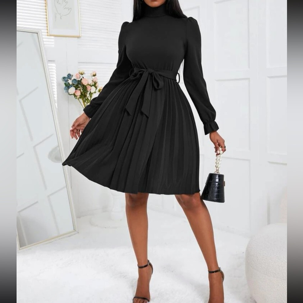 Luxe turtleneck flounce sleeve pleated dress - Picture 14 of 16